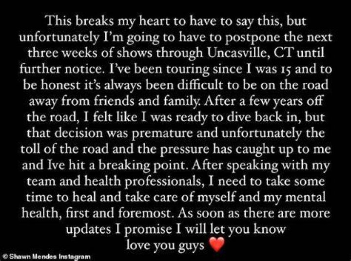 Canceled: On July 27, Shawn informed his fans that he'd decided to cancel the tour all together, citing continued struggles with his mental and physical health