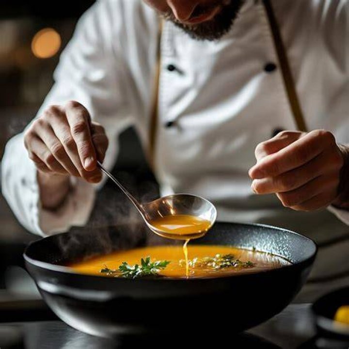chef pouring roasted carrot soup