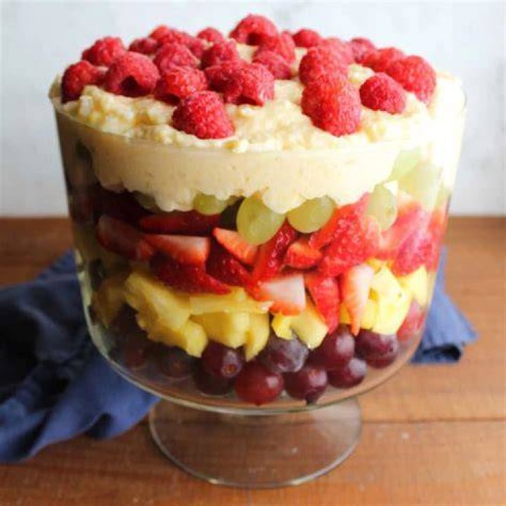 Layered fruit trifle topped with whipped cream and berries.