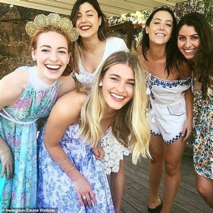 Missing them: Emma Watkins (far left) is stuck in lockdown like many in Sydney. And The Wiggles star, 31, is missing her friends, sharing a photo to Instagram on Tuesday in which she posed with a gaggle of gal pals