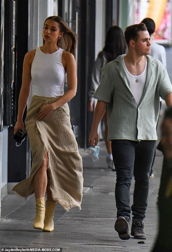 Rugging up! On Sunday, Aussie Stranger Things actor Dacre Montgomery's model girlfriend Liv Pollock almost had a wardrobe malfunction as she wore a blanket-style skirt to dinner in Sydney